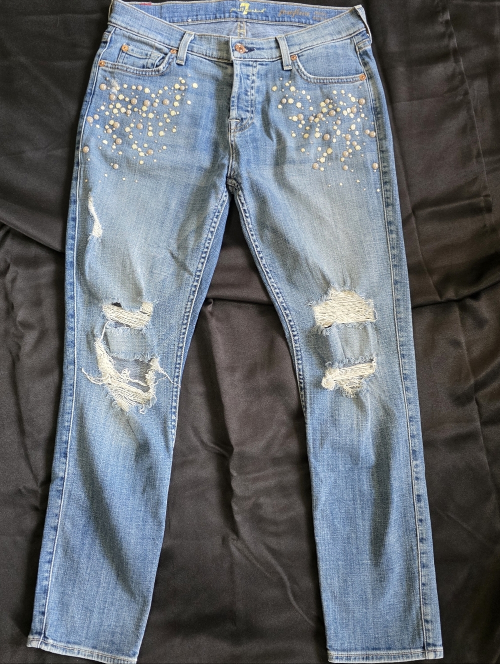 7 For All Mankind Light Blue Distressed Skinny Jeans with Stud Pearl Accents
